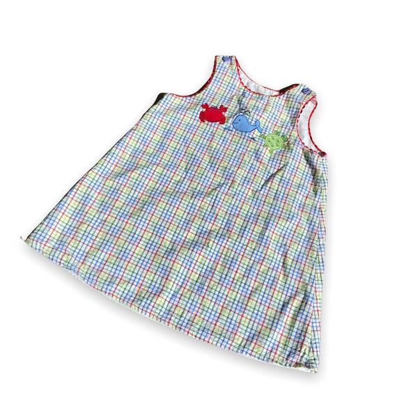 Glorimont Girls Dress Sz 4T Sleeveless Jumper Plaid Red Blue Green Sea Life Crab - Picture 3 of 8